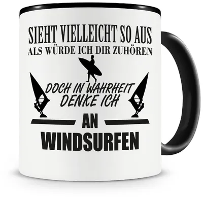 Productafbeelding van Koffiemok - Met windsurfmotief - Geschikt voor koffie en thee - Zwart - 300 ml