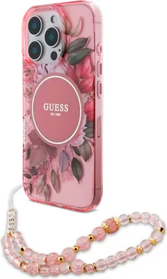 Zdjęcie produktu dla Etui GUESS na telefon iPhone 16 Pro Max, Guess IML Flowers z perłowym paskiem MagSafe, różowy