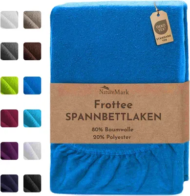 A folded blue fitted sheet with a product label and color swatches on the left.