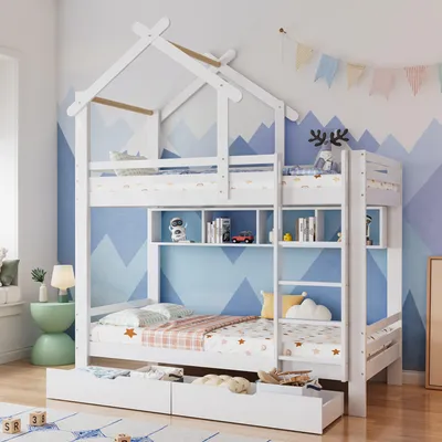 Zdjęcie produktu dla Łóżko piętrowe dla dzieci 90x200 cm z szufladami, półkami, 3-stopniową drabinką i zabezpieczeniem przed wypadnięciem, łóżko domek z drewna sosnowego, barierka ochronna, białe