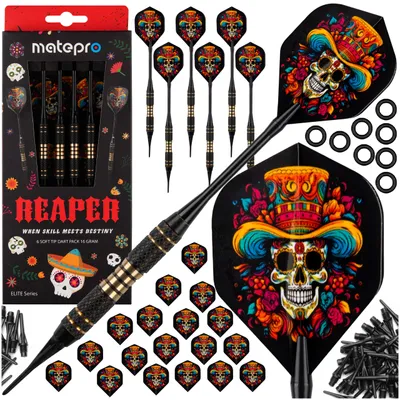 Zdjęcie produktu dla Rzutki Lotki Dart Matepro REAPER Soft Tips do tarczy elektronicznej i sizalowej, zestaw w pudełku - 6 lotek, 50 grotów, zapasowe pióra, 20g