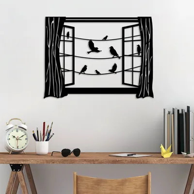 Immagine prodotto di Wallity, Uccelli davanti alla finestra - 4, Accessorio decorativo da parete in metallo, 100 % METALLO, Nero, 50 x 38 cm