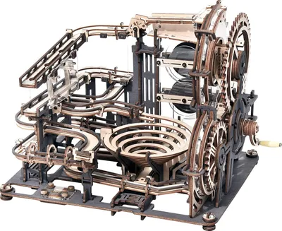 A 3D wooden marble run model.