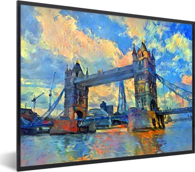 Produktbild von MuchoWow® Gerahmtes Poster Gemälde - London - Brücke - Öl 80x60 cm - Poster mit Schwarzem Bilderrahmen Wandposter Rahmen Foto Bilder - Schwarzem - Mit Gestell
