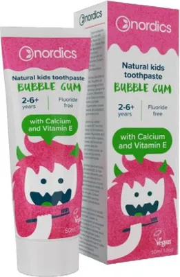 Immagine prodotto di Nordics Dentifricio naturale per bambini 2-6+ anni, senza fluoro, gusto Balloon Gum, 75ml