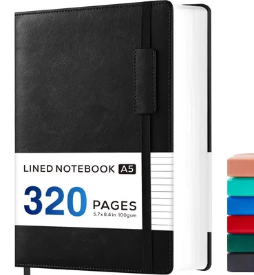 Produktbild von Notizbuch A5 Liniert Hardcover Leder 320 Seiten 14 x 21 cm Schwarz