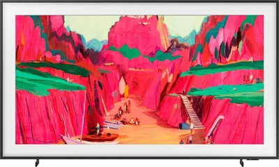 A television displaying a colorful painting of a landscape with people and boats.