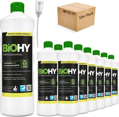 Produktbild von BiOHY Teppichshampoo (12x1l Flasche) + Dosierer | Teppichreiniger ideal zur Entfernung von hartnäckigen Flecken | SPEZIELL FÜR WASCHSAUGER ENTWICKELT