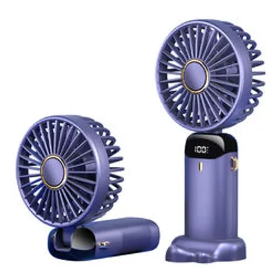 Two purple handheld fans shown against a white background. One fan is upright, displaying a digital readout, and the other is folded.