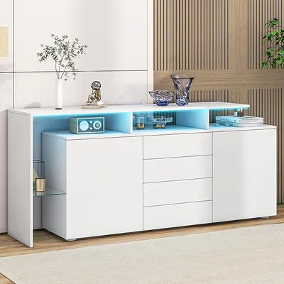 Obrázok produktu pre Komoda do obývačky s 2 dvierkami a 4 zásuvkami, komoda/servantka s LED osvetlením a 2 otvorenými priehradkami, skriňa do obývačky, vitrína, biela skriňa, vysoká komoda, 160x35x70 cm