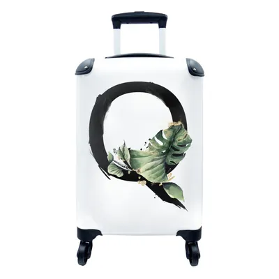 Produktbild von MuchoWow® Koffer Handgepäck Trolley Rollkoffer Kleine Reisekoffer mit 4 Rollen - Schwarz - Blätter - Buchstabe Q - Cabin Size < 55x40x23 cm & 55x40x20 cm - Fotokoffer - Kabinenkoffer - Boardgepäck - Reise-Box - Reisekoffer - Reisegepäck - Koffer mit Bild - Trolley für Kinder