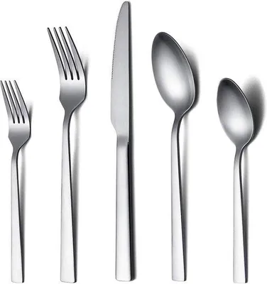 Image de Ensemble de couverts Unyqoos® de 30 pièces en acier inoxydable, finition mate, argentée – Service pour 6 personnes : 6 couteaux de table, 6 fourchettes de table, 6 cuillères de table, 6 cuillères à café, 6 petites fourchettes à café