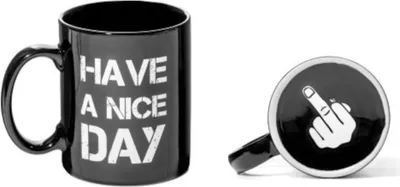 A black mug with white text and a separate image of the bottom of the mug.