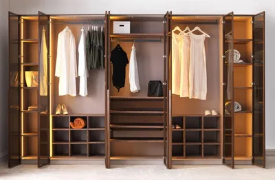 Produktbild von Casa Padrino Luxus Schlafzimmerschrank Dunkelbraun 360 x 62 x H. 230 cm - Beleuchteter Kleiderschrank mit 8 Glastüren - Schlafzimmer Möbel - Hotel Möbel - Luxus Möbel