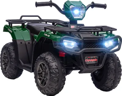A green electric quad bike for children, shown from a three-quarter front angle against a white background.