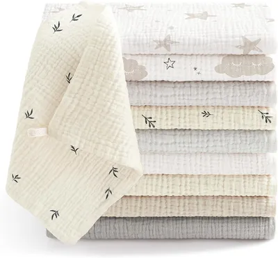 Productafbeelding van Babymousseline washandjes, 10 stuks, 100% katoen, 25 x 25 cm, voor de babyczorg