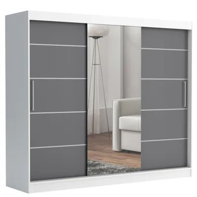 Produktbild von Schwebetürenschrank TOMY, 2-türig Schrank, Weiß / Anthrazit, 235 cm Kleiderschrank mit 4 Schubladen, Spiegel, Kleiderstangen und Regalen, ideal für Sc