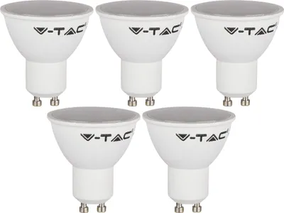 A group of five V-TAC LED light bulbs arranged in two rows on a white background.