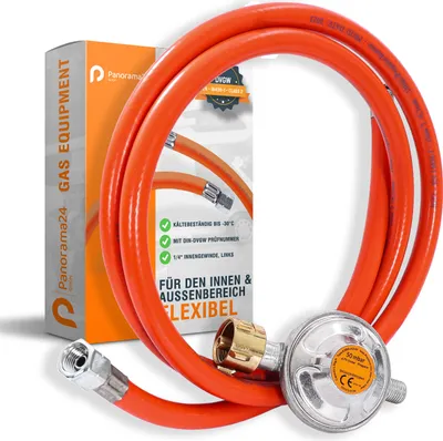 Produktbild von Gasschlauch Set bestehend aus Gasdruckregler 50 mbar und flexiblem Gasschlauch 150 cm - ideal für Gasgrills, Heizstrahler, Hockerkocher, Gaskocher, Lampen, uvm.