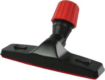 A close-up product shot of a black and red vacuum cleaner brush head.