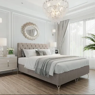 Image de Lit Boxspring GracePLUS 140x200 Marron Lit double Lit avec matelas Bonell Topper et sommier Glamour Lit rembourré avec pieds argentés de 12 cm Chambre à coucher moderne Vintage Lit de chambre à coucher