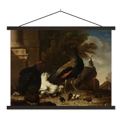 Produktbild von MuchoWow® Textilposter Eine Henne mit Pfauen und einem Truthahn - Gemälde von Melchior d'Hondecoeter 120x90 cm mit schwarzem Rahmen - Aufhänger für Poster