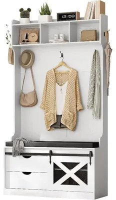 Image de Porte-manteaux en bois massif, banc avec assise, 6 crochets et étagère à chaussures