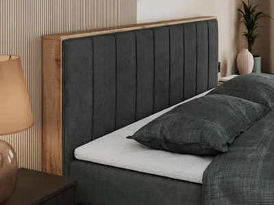 Produktbild von MKS MEBLE King Boxspringbett 160x200 mit Bettkasten Eiche, Polsterbett 160x200 mit Matratze H3, Bett 160x200 mit Rahmen in Wotan Eiche und Kopfteil - Dunkelgrau Struktur - Bellissimo King