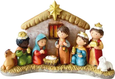 Produktbild von Krippenfigur 13 cm Polyresin mit Stall, kindlich, Weihnachtsdeko