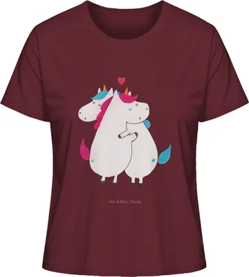 Produktbild von Mr. & Mrs. Panda Oberteil Damen Einhorn Mitteilung Größe XL - Burgundy - Geschenk, Unicorn, Basic Shirt, T-Shirt, Spruch, Witzig, Liebe, Valentinstag, Bedrucktes