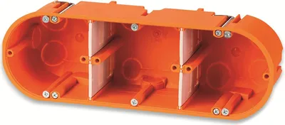 An orange electrical junction box with internal dividers and screw holes.