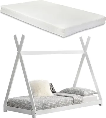 Produktbild von [en.casa] Kinderbett mit Matratze 90x200cm Weiß Tipi-Design Kiefernholz Bett Holzbett Hausbett Kaltschaummatratze  Standard 100 Allergikergeeignet Atmungsaktiv