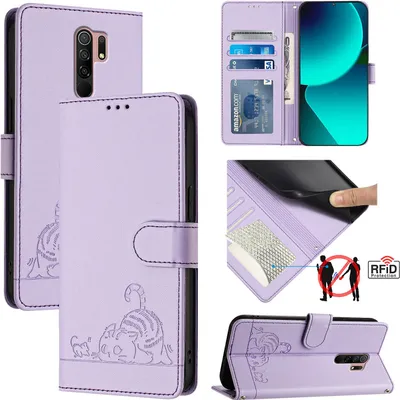 Produktbild von Leder Hülle für Xiaomi Redmi 9 Süße Katze Flip Case Brieftasche Schutzhülle mit Standfunktion Lila
