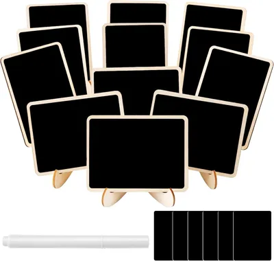 Immagine prodotto di 12 mini lavagne nere, complete di supporto in legno