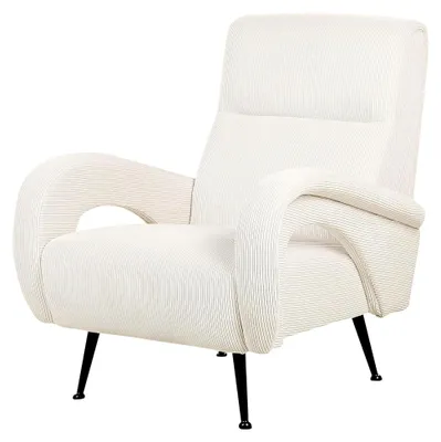 Produktbild von Sessel aus cremeweißem Cord mit schwarzen Beinen im Retro-Stil