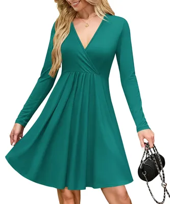 Imagen del producto de Vestido con cuello en V, largo hasta la rodilla, con mangas largas, estilo casual, con bolsillos, color verde