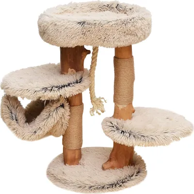 Immagine prodotto di Tiragraffi Fudajo in legno e peluche alto 87,5 cm, tiragraffi di design per gatti in legno di pero, albero per gatti con amaca, mobili per gatti con lettino