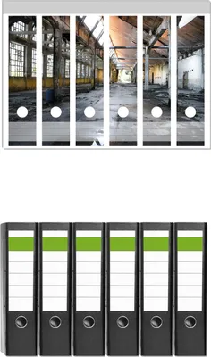 Produktbild von Wallario 6 Stück breite Ordner inkl. Klebeetiketten mit Motive Alte Industriehalle  leerstehend und einsam -  Set mit Rückenschildern / Ordnerrücken Stickern