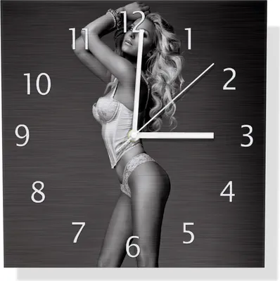 Produktbild von Wallario Design Wanduhr Sexy Beine - Blondine mit langen Beinen in Unterwäsche aus Aluverbund, Größe 30 x 30 cm