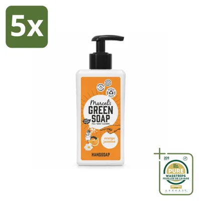 Zdjęcie produktu dla 5 sztuk mydła do rąk "Marcel's Green Soap" o zapachu pomarańczy i jaśminu - 250 ml - zestaw ekonomiczny