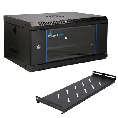 Productafbeelding van Extralink Lite 19" 4U Wandkast Rackkast 530 x 400 mm met Legplank, Gehard Glazen Deur, Zwart