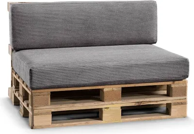 A sofa cushion set made from pallet wood and dark gray fabric.