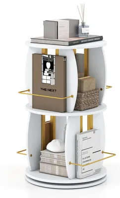 Zdjęcie produktu dla Półka na książki COSTWAY, obrotowa o 360°, drewniana, z barierką ochronną, wieża półek na książki z obrotową podstawą, obrotowa półka, maksymalne obciążenie 15 kg na półkę, półka biurowa, biała