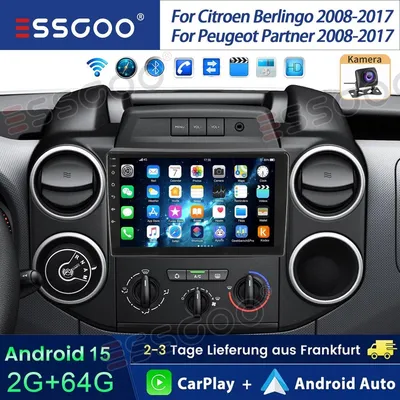 Obrázek produktu pro Autorádio Android 15 s GPS navigací, CarPlay a Android Auto pro Citroen Berlingo II B9 (2008-2017) a Peugeot Partner, 9palcový dotykový displej, 2 DIN, 2 GB RAM, 64 GB