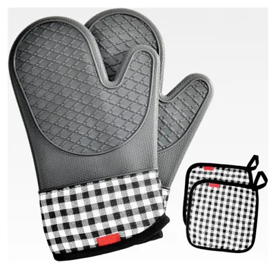 Produktbild von Ofenhandschuhe 4er Set, Hitzebeständige Backhandschuhe aus Baumwolle, Lange Silikon Kochhandschuhe für Kochen, Backen und Grillen