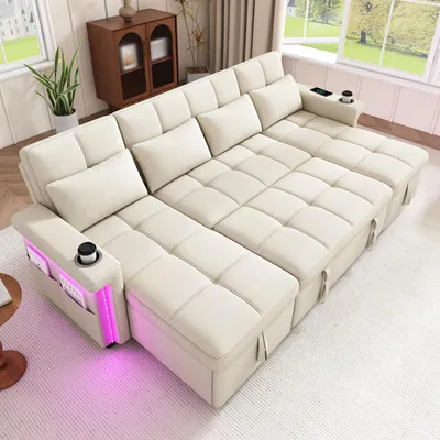 Immagine prodotto di Divano angolare a forma di U, divano letto con funzione letto, illuminazione LED, 2 chaise longues con spazio contenitivo, schienale regolabile, tessuto in chenille, color beige