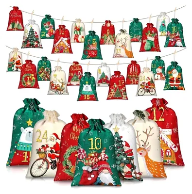 Produktbild von Adventskalender-Girlande 24 Stoffbeutel Weihnachtsmotive