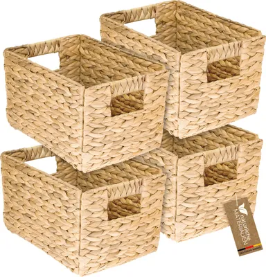 Produktbild von HMF Aufbewahrungskorb geflochten aus Wasserhyazinthe, dekorativer Korb mit Tragegriffen zur Aufbewahrung für Badezimmer Küche und Wohnbereich, 4er Set, Größe M, 32 x 23 x 20 cm, Natur
