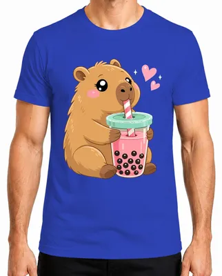 Immagine prodotto di T-shirt da uomo con stampa "Kawaii Capybara Boba Bubble Tea", stile giapponese anni 2000, con immagine di un carino animale, colore blu, taglia S