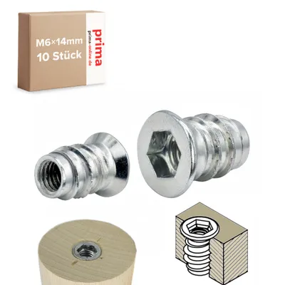 Produktbild von 10 x Einschraubmuffen M6 Länge 14mm Einschraubmutter Eindrehmuffen Innensechskant M6x14mm